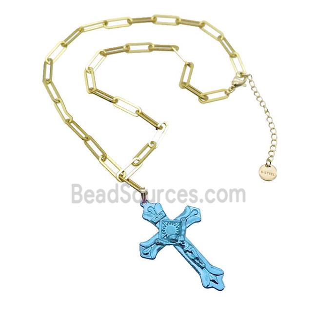 Copper Necklace Blue Lacquered Cross Gold Plated