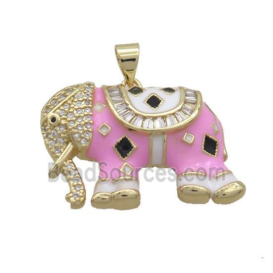 Copper Elephant Pendant Pave Zircon Pink Enamel Gold Plated