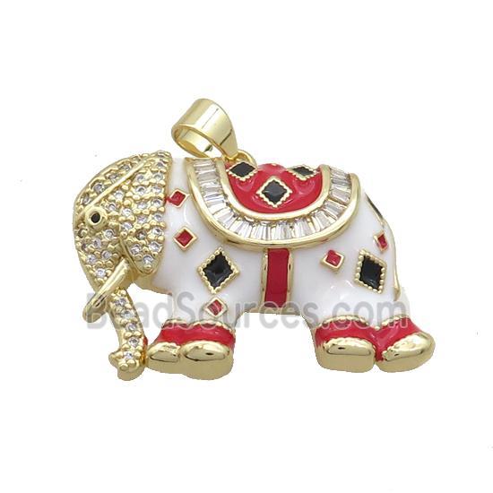 Copper Elephant Pendant Pave Zircon White Enamel Gold Plated