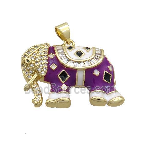 Copper Elephant Pendant Pave Zircon Purple Enamel Gold Plated