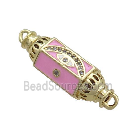 Copper Capsule Hexagon Connector Pave Zircon Pink Enamel Eye Gold Plated