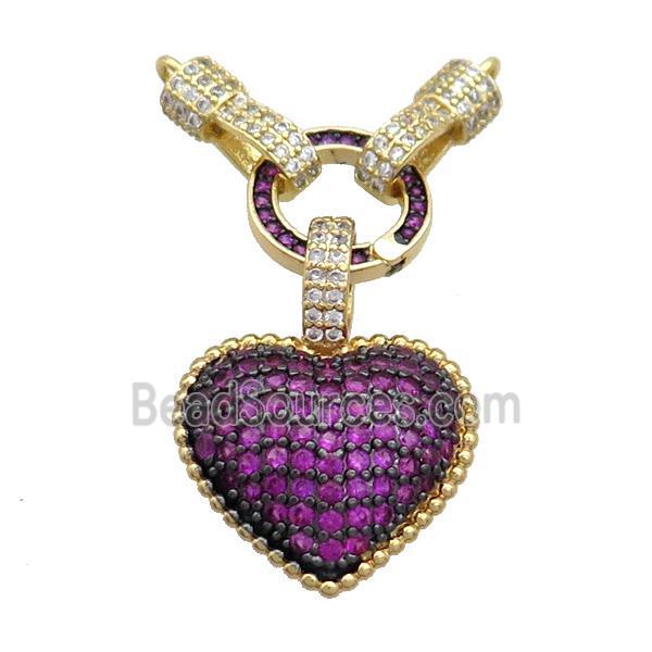 Copper Heart Pendant Pave Fuchsia Zircon 2loops Gold plated