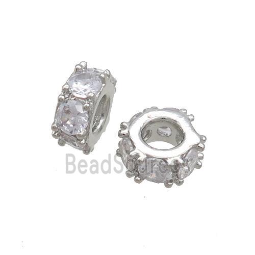 Copper Rondelle Beads Pave Zircon Large Hole Platinum Plated