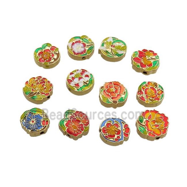 Copper Flower Beads Multicolor Cloisonne Gold Plated