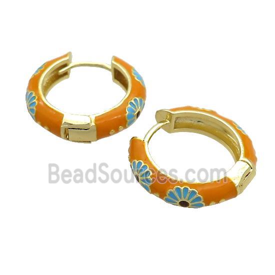 Copper Hoop Earrings Orange Enamel Gold Plated