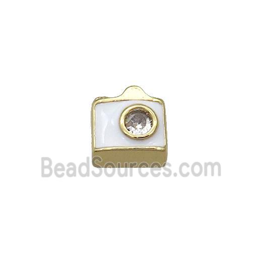 Copper Camera Charm Beads Pave Zircon White Enamel Gold Plated