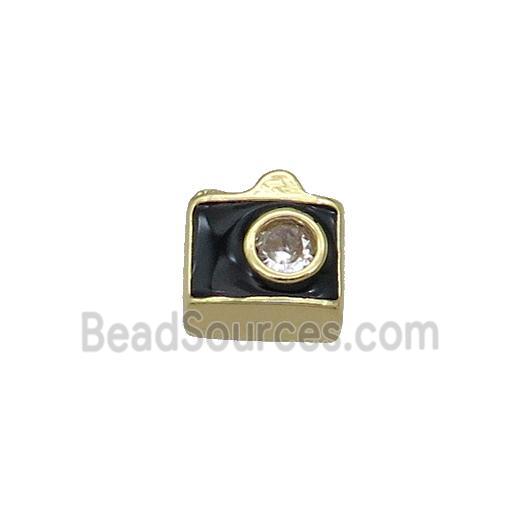 Copper Camera Charm Beads Pave Zircon Black Enamel Gold Plated