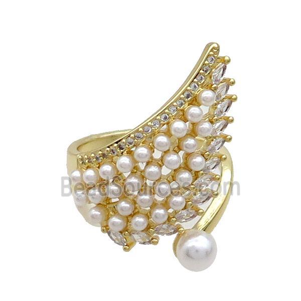 Copper Ring Pave Pearlized Plastic Angel Wings Gold Plated