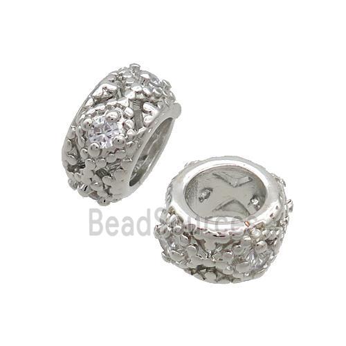 Copper Rondelle Beads Pave Zircon Large Hole Platinum Plated