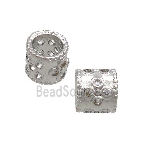 Copper Tube Beads Pave Zircon Large Hole Platinum Plated