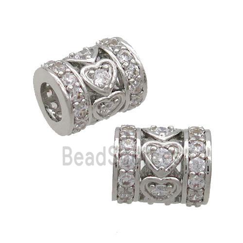 Copper Tube Beads Pave Zircon Large Hole Platinum Plated