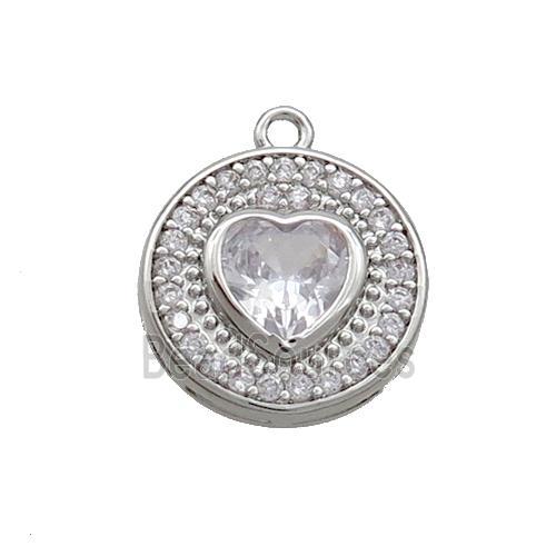 Copper Circle Pendant Pave Zircon Heart Platinum Plated