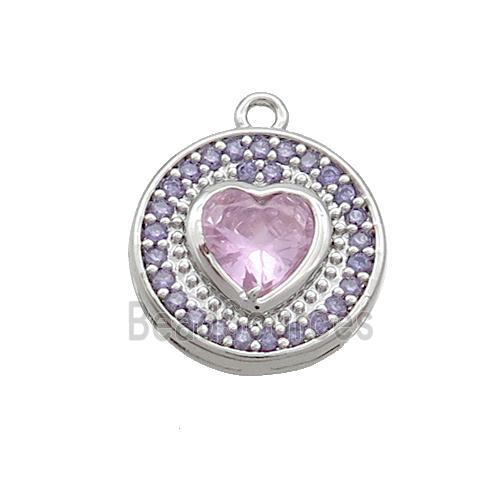 Copper Circle Pendant Pave Zircon Pink Heart Platinum Plated