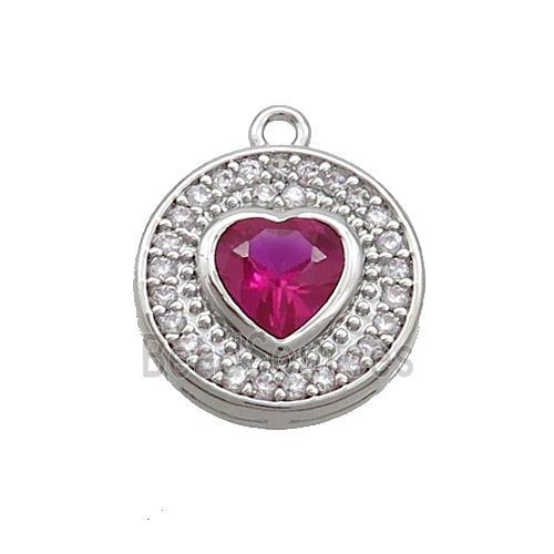 Copper Circle Pendant Pave Zircon Red Heart Platinum Plated