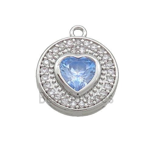 Copper Circle Pendant Pave Zircon Blue Heart Platinum Plated