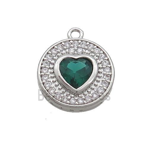 Copper Circle Pendant Pave Zircon Green Heart Platinum Plated