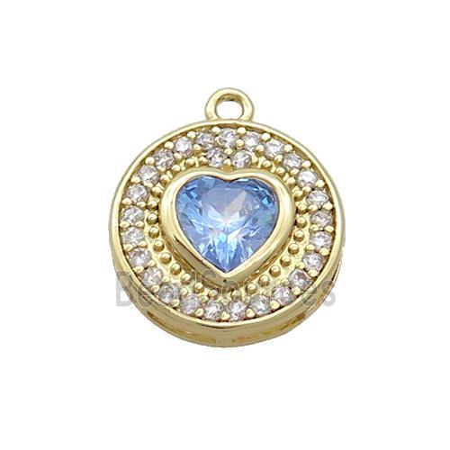 Copper Circle Pendant Pave Zircon Blue Heart Gold Plated