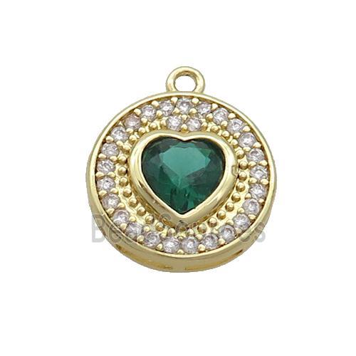 Copper Circle Pendant Pave Zircon Green Heart Gold Plated