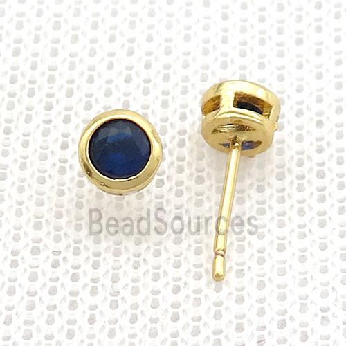 Copper Stud Earrings Pave Darkblue Zircon Gold Plated