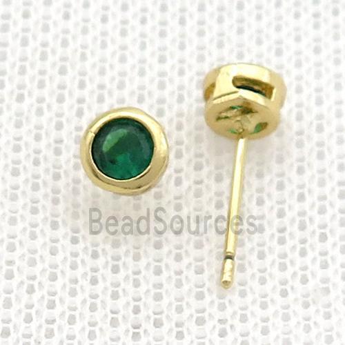 Copper Stud Earrings Pave Green Zircon Gold Plated