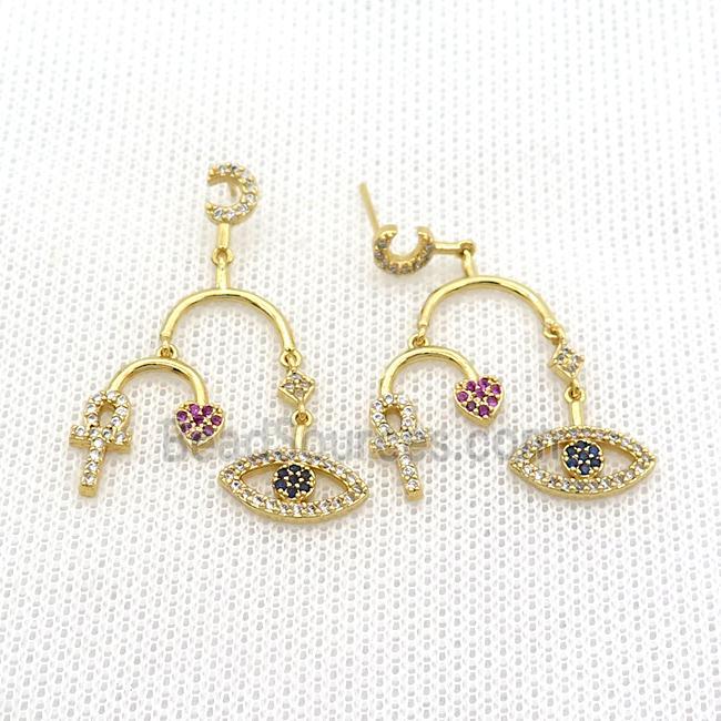 Copper Stud Earrings Pave Zircon Eye Gold Plated