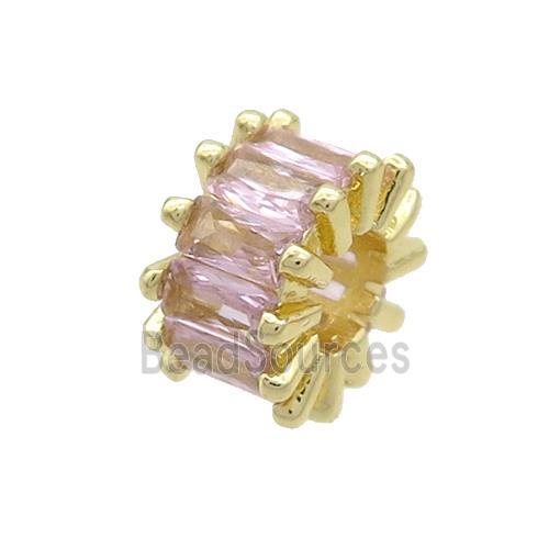 Copper Rondelle Beads Pave Pink Zircon Large Hole Gold Plated