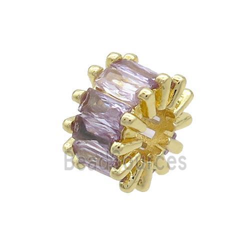 Copper Rondelle Beads Pave Purple Zircon Large Hole Gold Plated