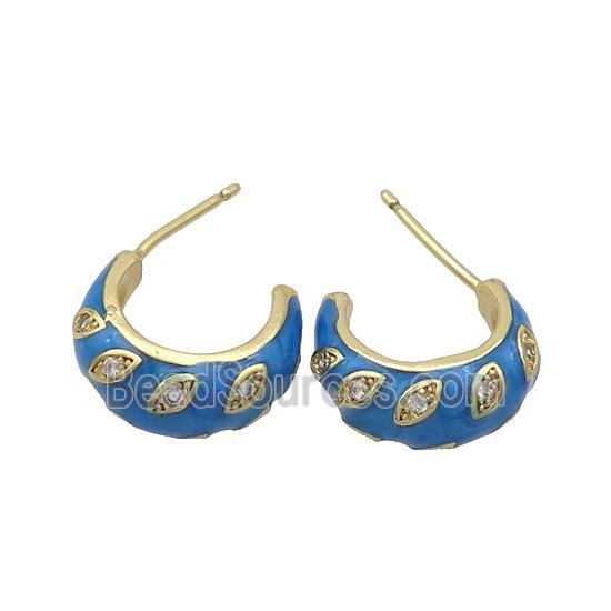 Copper Stud Earrings Pave Zircon Blue Enamel Gold Plated