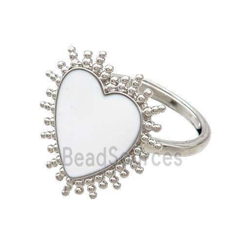 Copper Rings Heart White Enamel Adjustable Platinum Plated