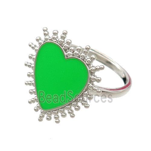 Copper Rings Heart Green Enamel Adjustable Platinum Plated