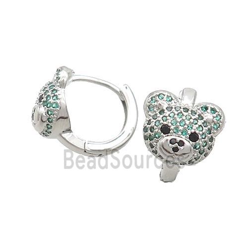 Copper Hoop Earring Pave Green Zircon Bear Platinum Plated