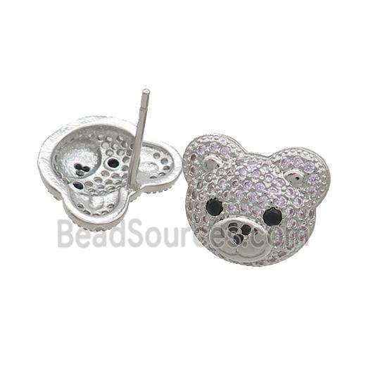 Copper Stud Earrings Pave Pink Zircon Bear Platinum Plated