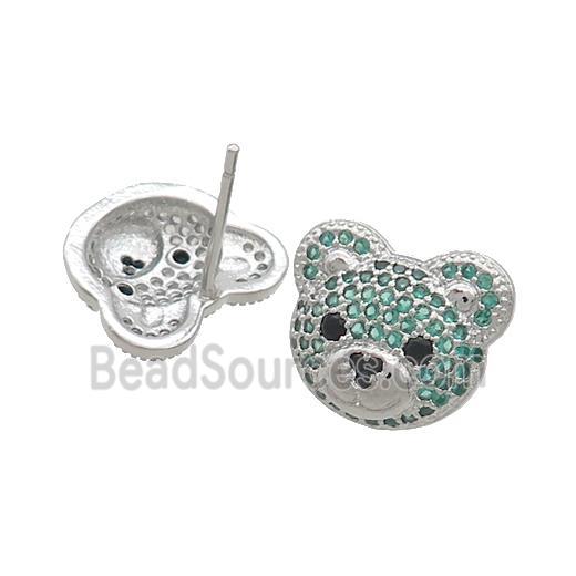 Copper Stud Earrings Pave Green Zircon Bear Platinum Plated