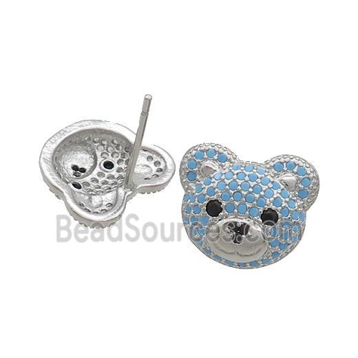 Copper Stud Earrings Pave Turqblue Zircon Bear Platinum Plated