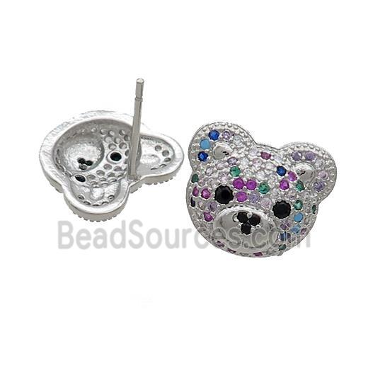 Copper Stud Earrings Pave Multicolor Zircon Bear Platinum Plated