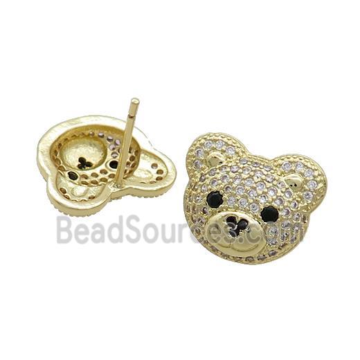 Copper Stud Earrings Pave Zircon Bear Gold Plated