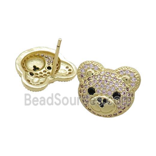 Copper Stud Earrings Pave Pink Zircon Bear Gold Plated