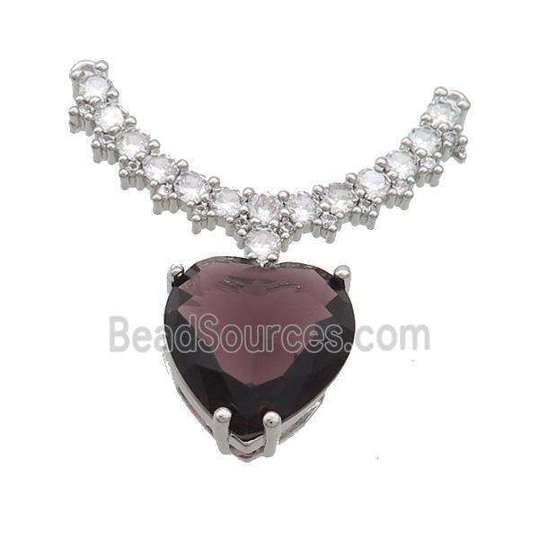 Copper Pendant Pave Purple Crystal Glass Heart 2loops Platinum Plated