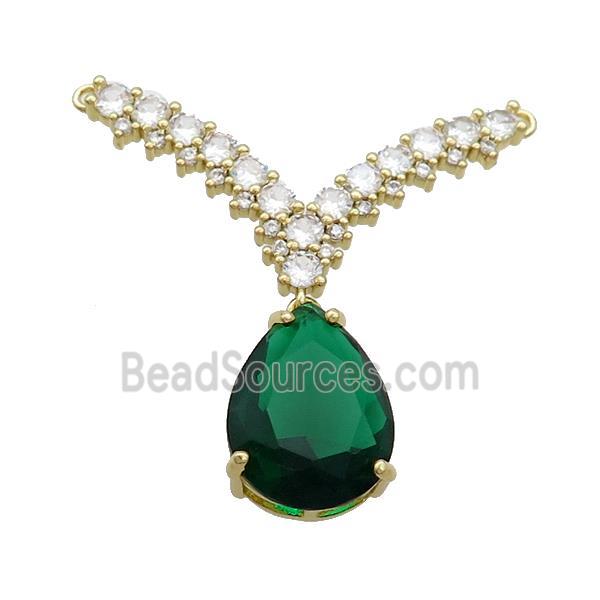 Copper Pendant Pave Green Crystal Glass Teardrop 2loops Gold Plated