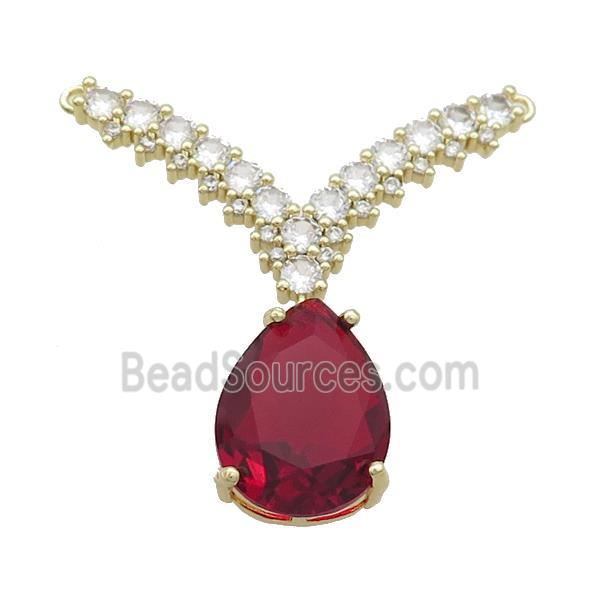 Copper Pendant Pave Red Crystal Glass Teardrop 2loops Gold Plated