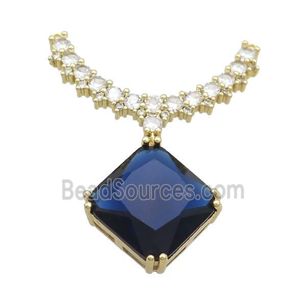 Copper Pendant Pave Blue Crystal Glass Square 2loops Gold Plated