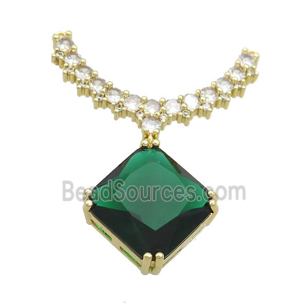 Copper Pendant Pave Green Crystal Glass Square 2loops Gold Plated