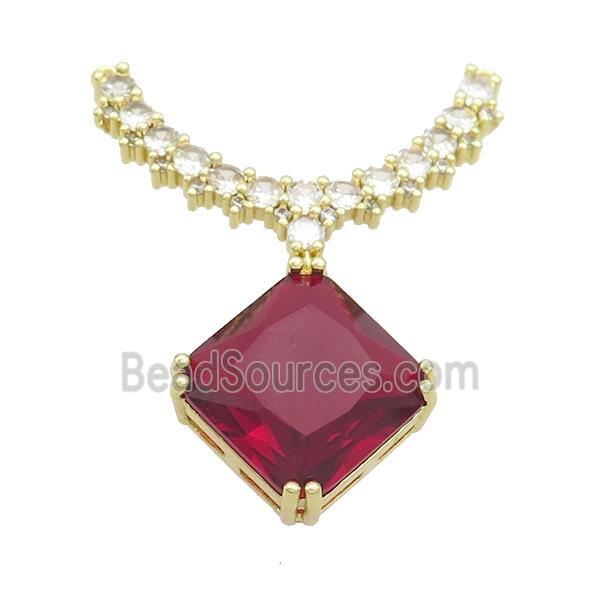 Copper Pendant Pave Red Crystal Glass Square 2loops Gold Plated