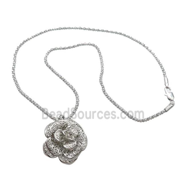 Copper Necklace Flower Platinum Plated