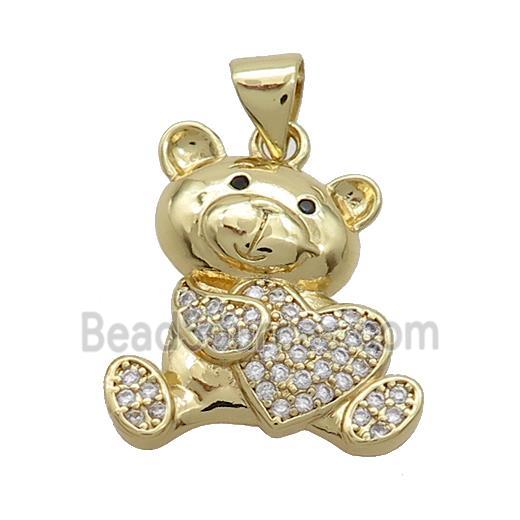 Copper Bear Pendant Pave Zircon Heart Gold Plated