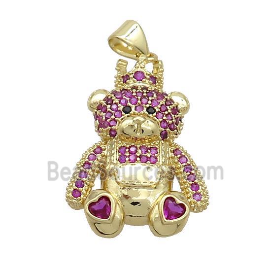 Copper Bear Pendant Pave Fuchsia Zircon Gold Plated