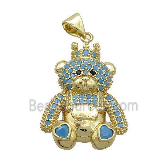 Copper Bear Pendant Pave Turqblue Zircon Gold Plated