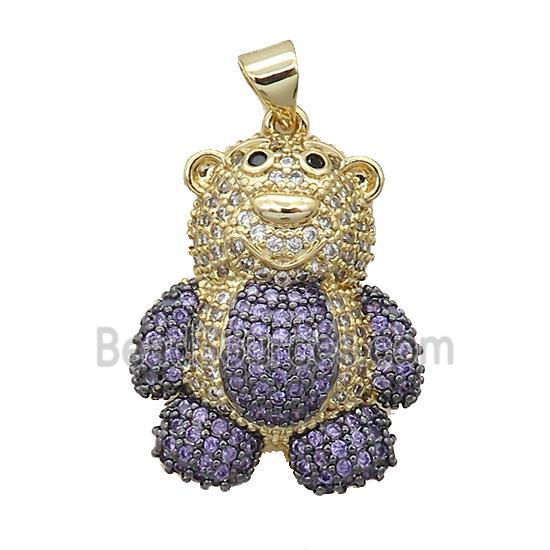 Copper Bear Pendant Pave Purple Zircon Gold Plated