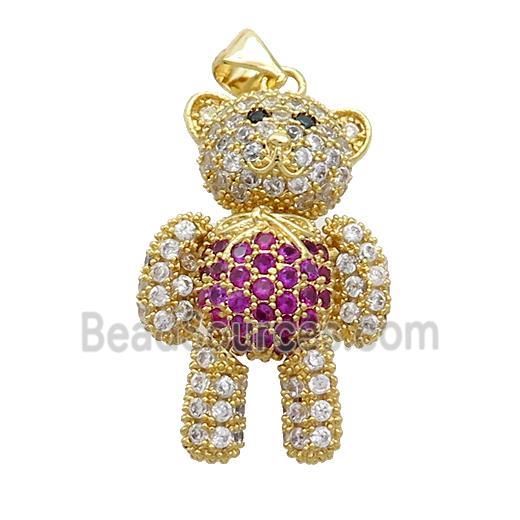 Copper Bear Pendant Pave Zircon Fuchsia Gold Plated