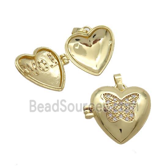 Copper Locket Pendant Pave Zircon Heart Butterfly Gold Plated